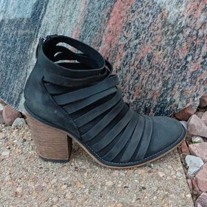 Free People hybrid strappy black leather booties wood heel ankle boots womens